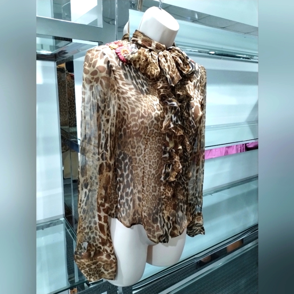 Blugirl By Blumarine size 4 ITA 38 silk leopard print sheer blouse